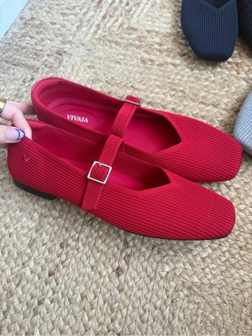 VIVAIA Navy Red and Silver Margot Mary Janes Flats Square Toe Ribbed Shoes